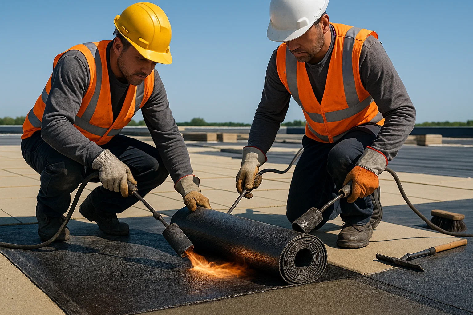 "Close-up of roofing contractors installing a torch-on bitumen membrane system on a commercial flat roof for durable, weather-resistant protection."